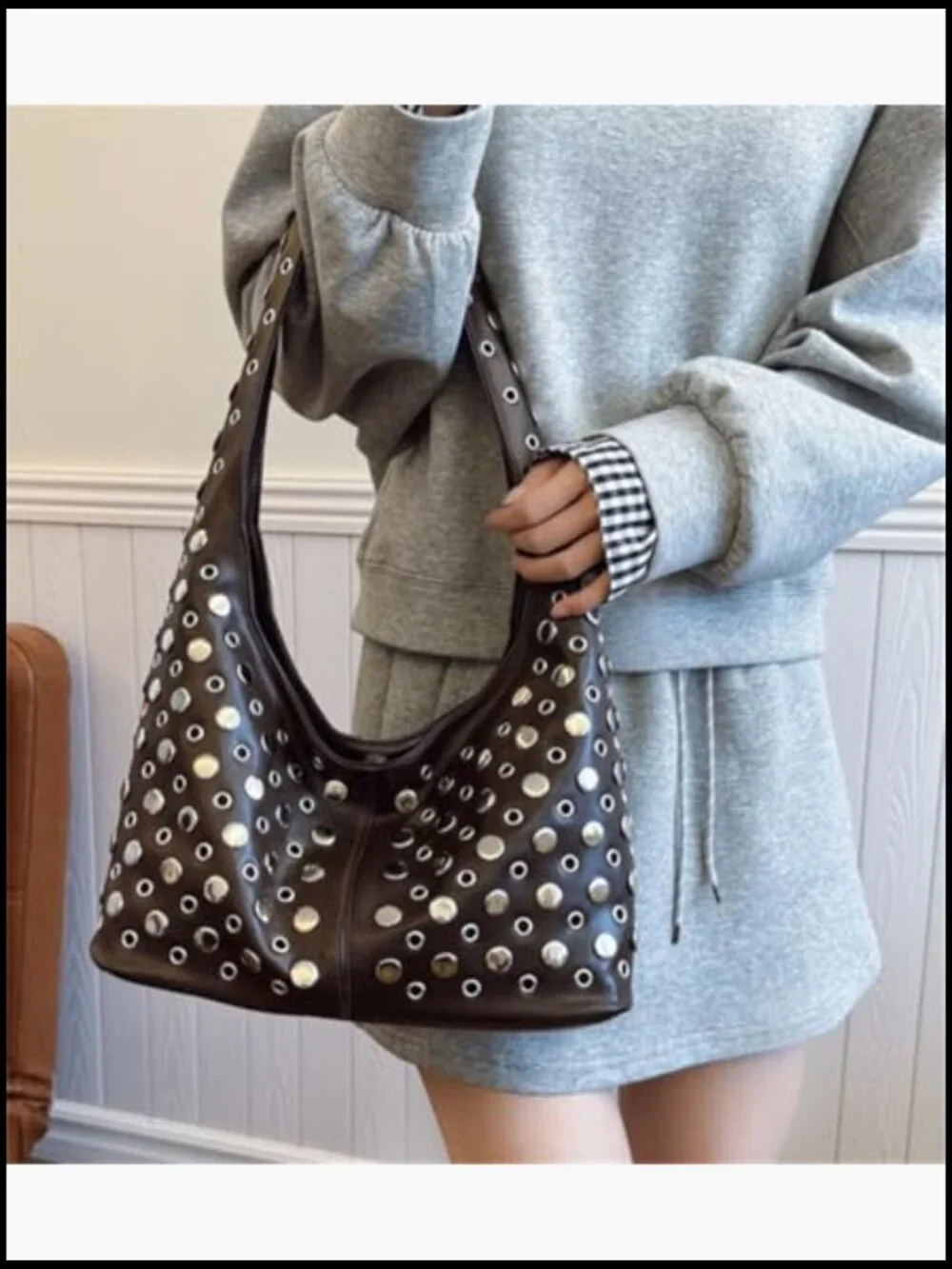 Studded Shoulder Bag Slouchy Hobo Handbag Faux Leather Satchel Purse Trendy - Picture 6 of 7